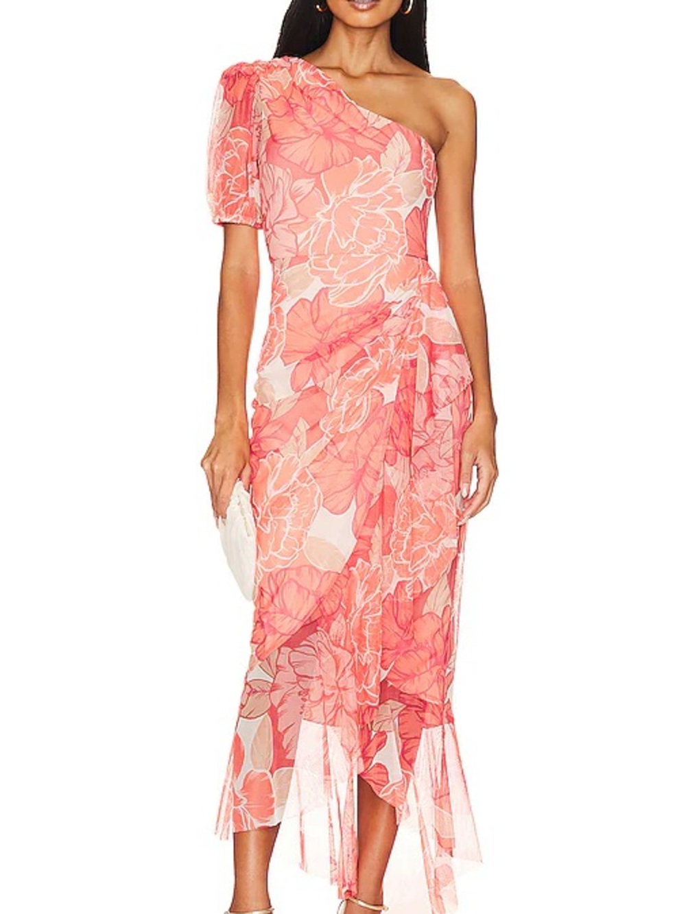 BCBG One-Shoulder Coral Floral Midi Dress sz L, EUC